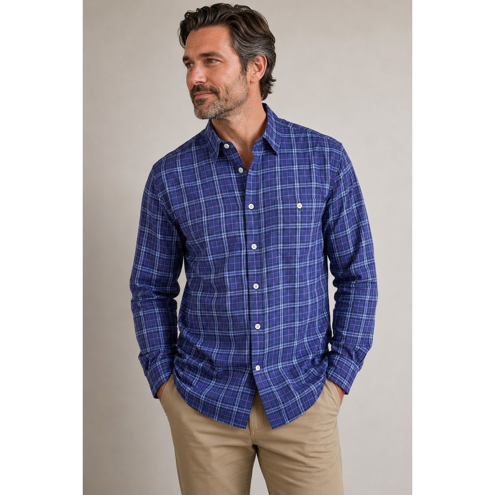 Orvis Mens Large Blue Purple Plaid Long Sleeve 100% Cotton Button Down Shirt